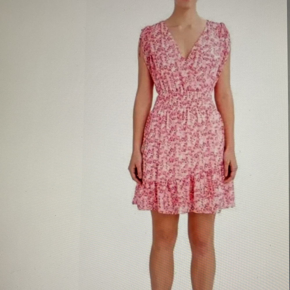 BCBG Paris Layered Chiffon Floral Baby  Doll  Pink Ruffle Dress size L